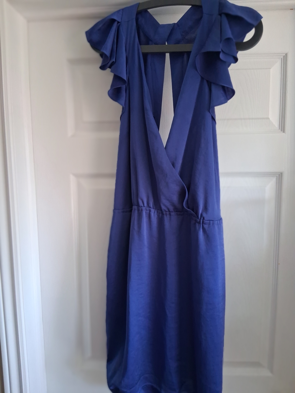 BCBG Women's Royal Blue Ruffled Sleeve V-Neck Dress - Size L